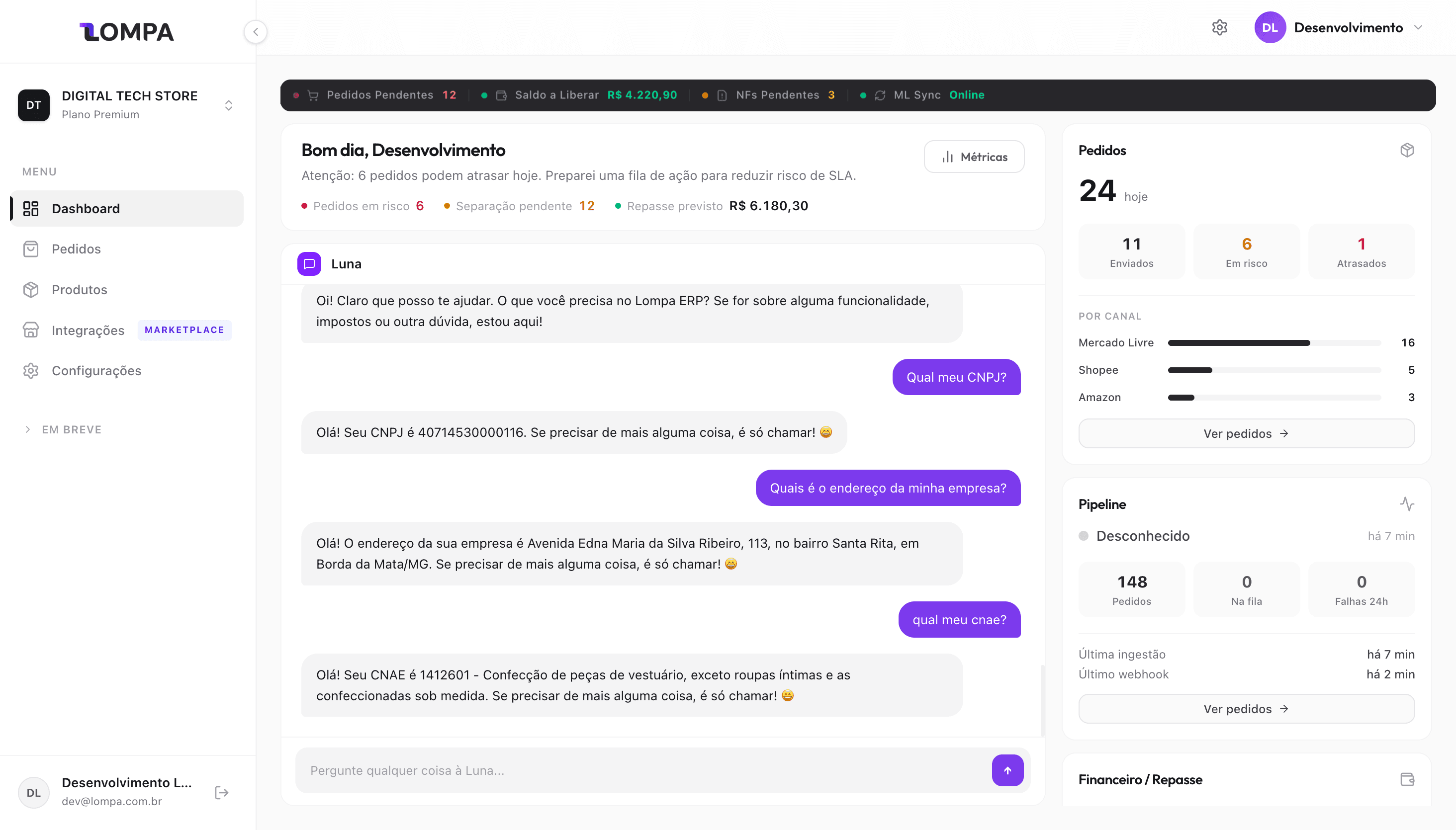 Dashboard real do ERP Lompa com automações fiscais, operacionais e assistente Luna